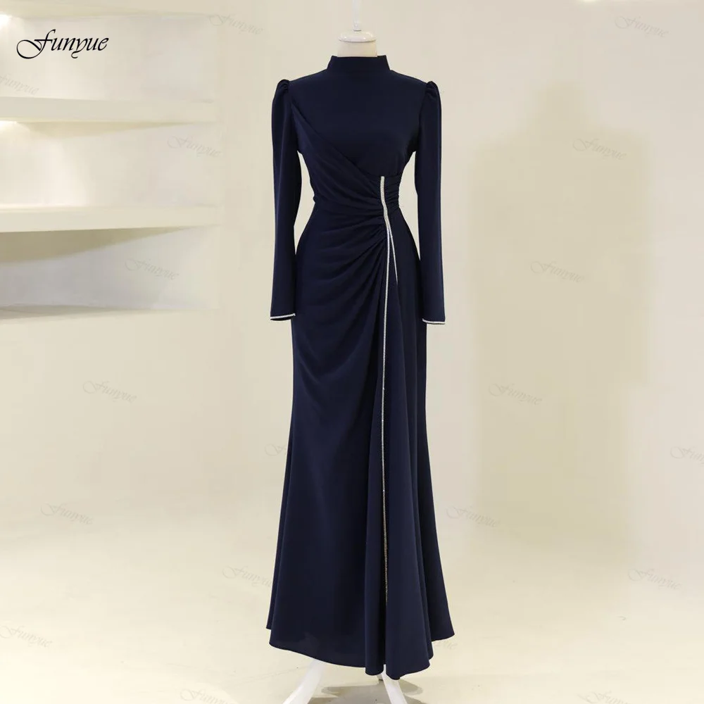 

Funyue Customized Evening Dresses Woman Elegant Full Sleeves Navy Blue Dubai Formal Dress Mermaid Satin Simple Abendkleider
