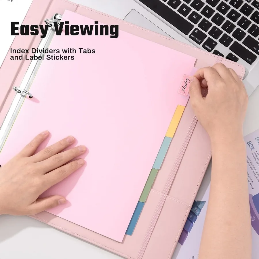 منظم مجلد احترافي من جلد البولي يوريثان مقاس 1 بوصة باللون الوردي مع فواصل مناسبة لحجم 8.5 × 11 ورقة فضفاضة لطيفة