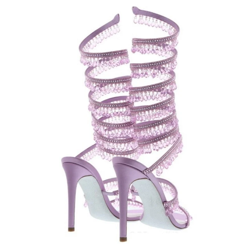 Thin high-heeled sandals summer new snake-shaped wrapped crystal pendant fringed rhinestone shoes banquet large-size women shoes view 2