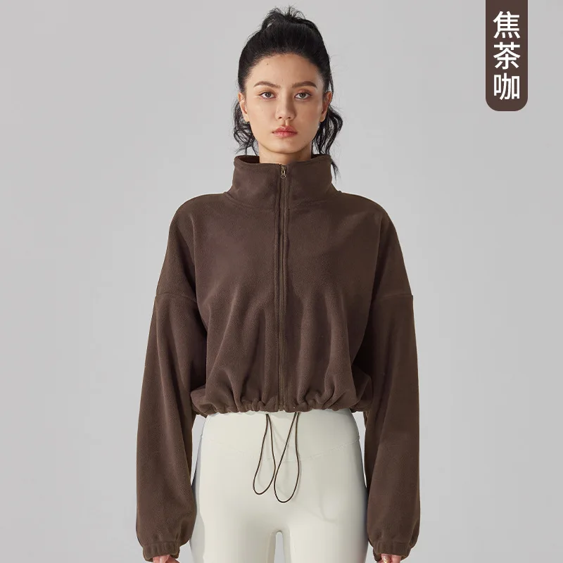 سترة رياضية من صوف الخروف للنساء في الخريف والشتاء، مع صوف سميك وياقة واقفة، سترة صوف كاجوال من الصوف