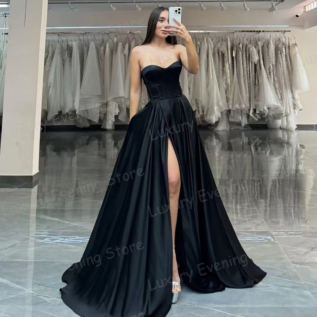 

Luxury Black Evening Dresses Woman's A Line Sexy High Split Sweetheart Sleeveless Elegant Prom Gowns Party Vestidos De Fiesta