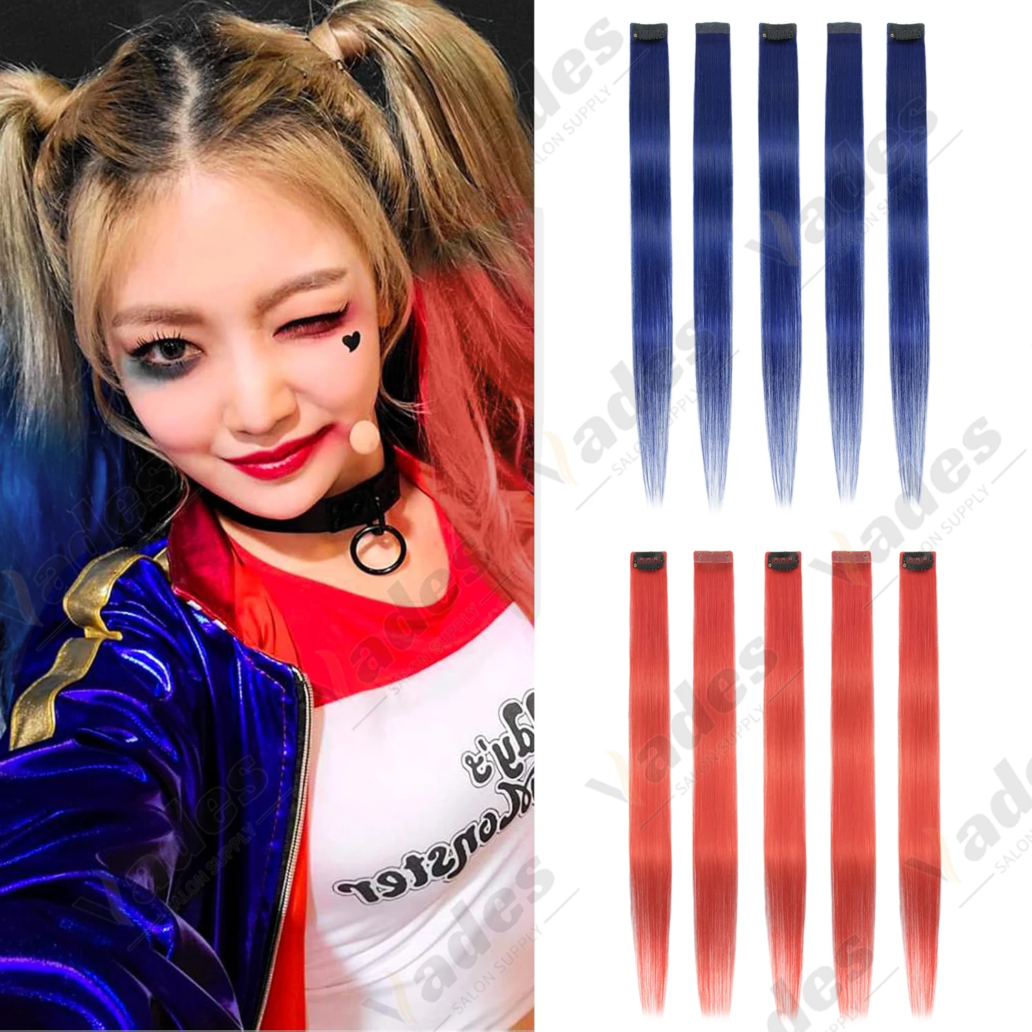 

Red and Royalblue Hair Extensions Clip in Human Hair 100% Human Hair Straight Party Highlights Hairpiece for Girls 10psc/pack