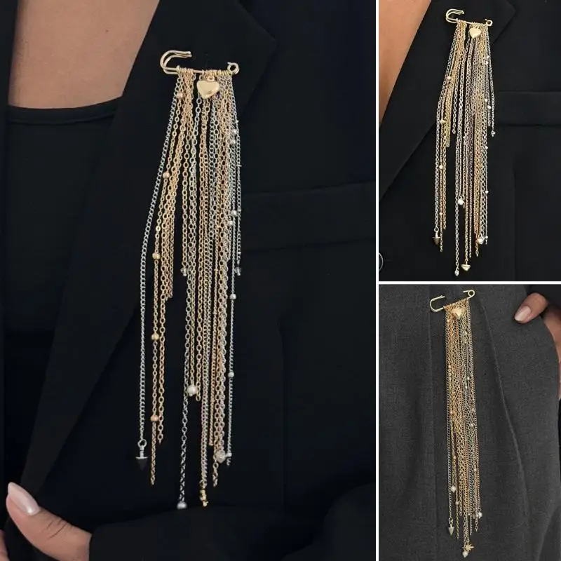 Exaggerated Long Tassel Chain Brooch Metal Heart Pendant Vintage Design Suit Pin Pants Hats Fixed Pin Decorative Accessories