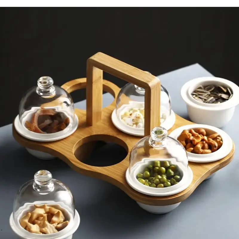 Japanese-style Ceramic Household Dried Fruit Snack Plate Bowl Compartment with Lid Platter Tableware 2