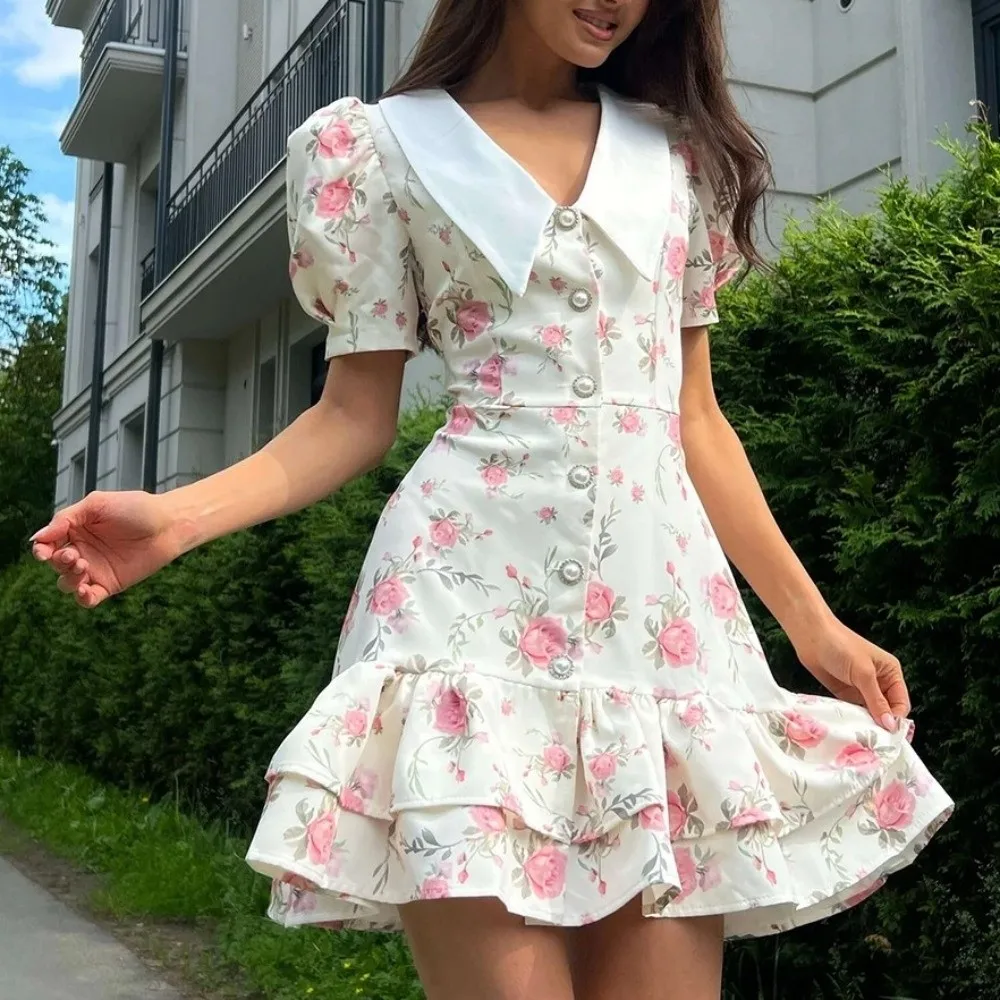 

Милое платье с v-образным вырезом и цветочным принтом для девочек, детское платье принцессы с рюшами и короткими рукавами, платье трапециевидной формы с цветочным принтом для подростков, подарки