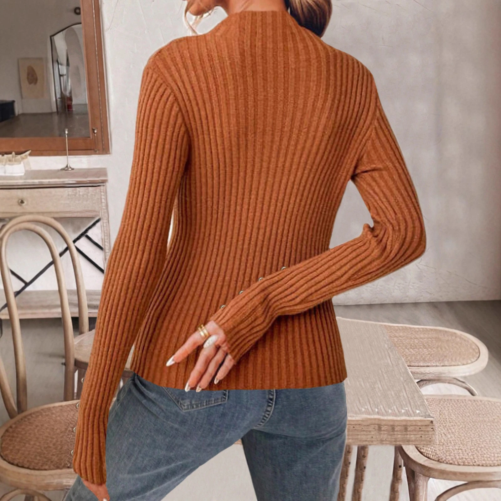 سترات نسائية متماسكة غير رسمية بلون سادة ورقبة عالية وأكمام طويلة سترات كورية سترة خريف وشتاء للنساء