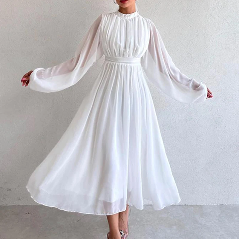 Fashion Half High Collar Mesh Maxi Dress 2024 Women Solid Pleated Bridesmaid Dress New Spring Elegant Long Sleeved Waist Dresses