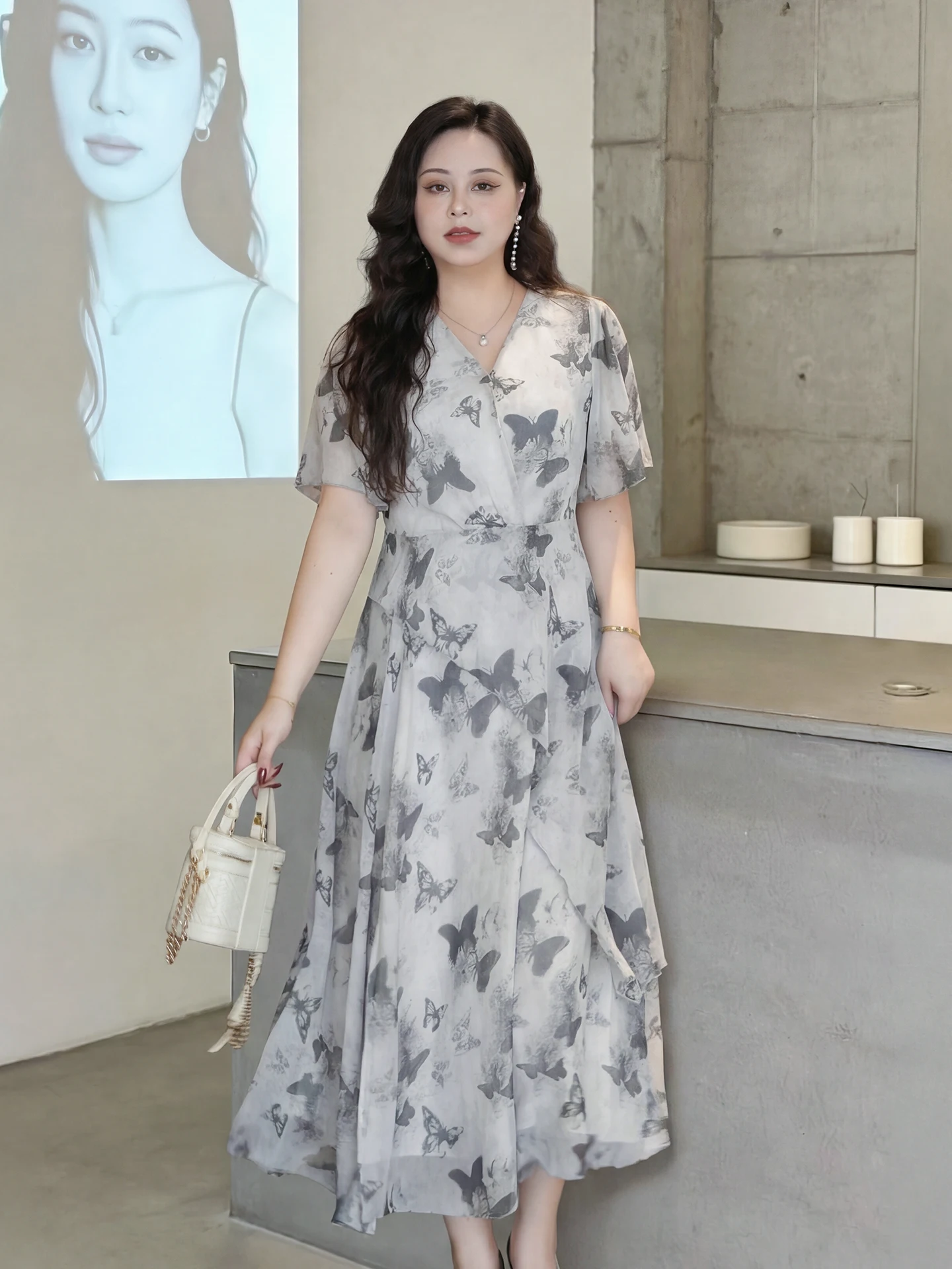 

Dave's plus Size Women's Summer New Floral Print V-Ne Dr Conceals Belly Slimming Design Casual High Waist Midi Dr