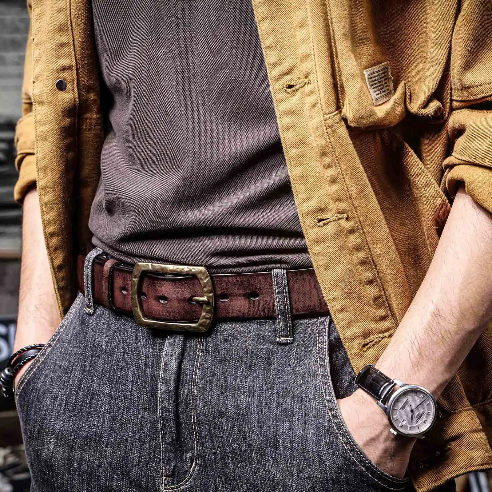 Echtleder-Herrengürtel mit massiver Messingschnalle, handgefertigter Casual-Gürtel mit Geschenkbox, verdicktes italienisches Leder – Detail 5