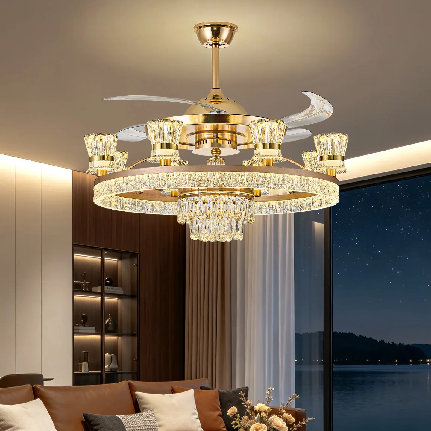 New crystal luxury fan light household invisible fan light living room master bedroom dining room ceiling fan