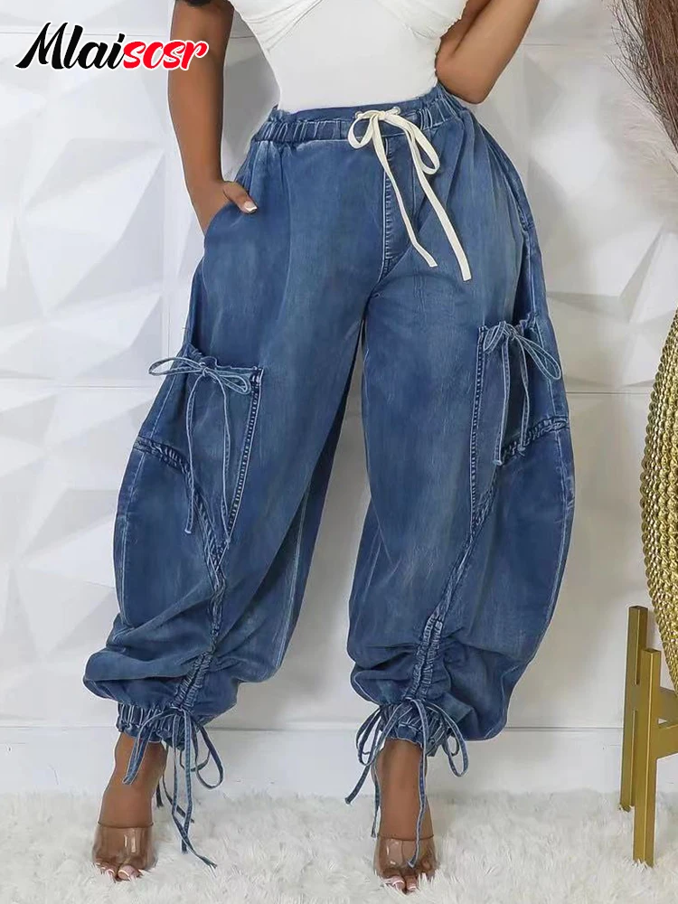 Mlaiscsr Fashion Women Lantern Harem Jeans Drawstring Bandage Loose Blue Straight Wide Leg Denim Pants Streetwear Trousers y2k