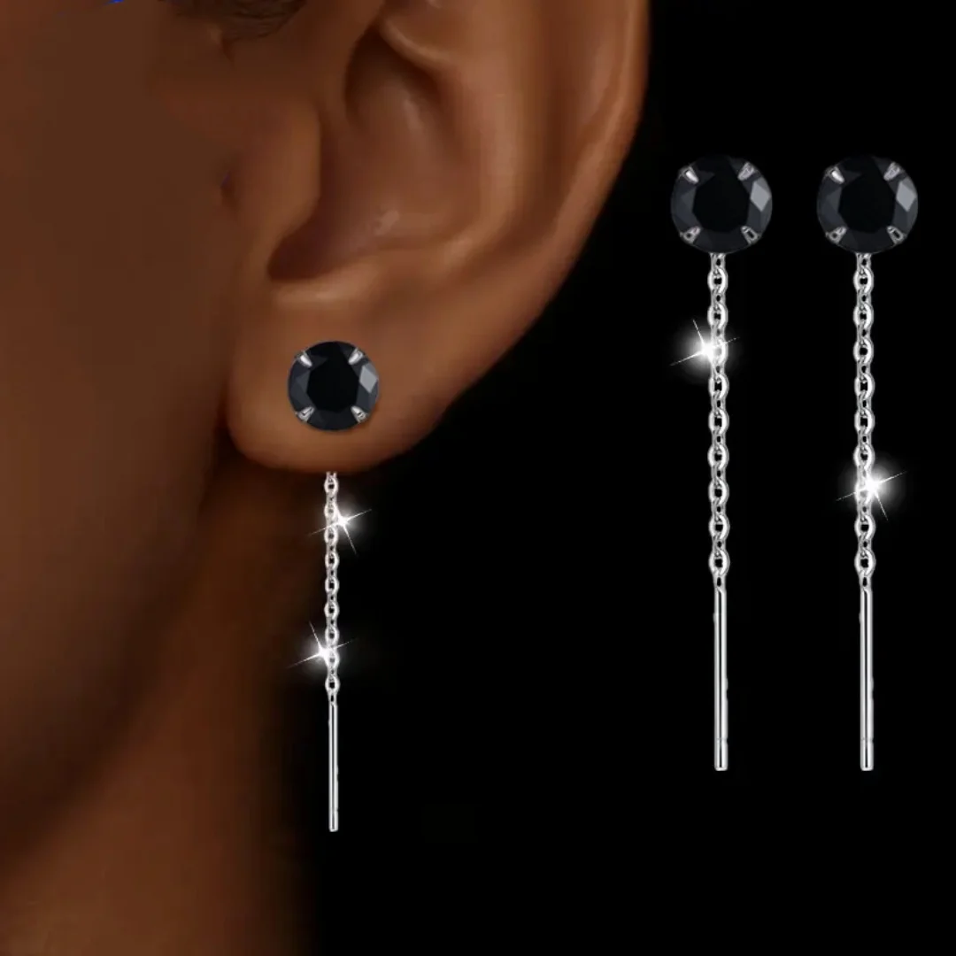1Pair S925 Sterling Silver Black Cubic Zirconia Threader Earrings, Slim Chain Drop Earrings for Date & Holiday