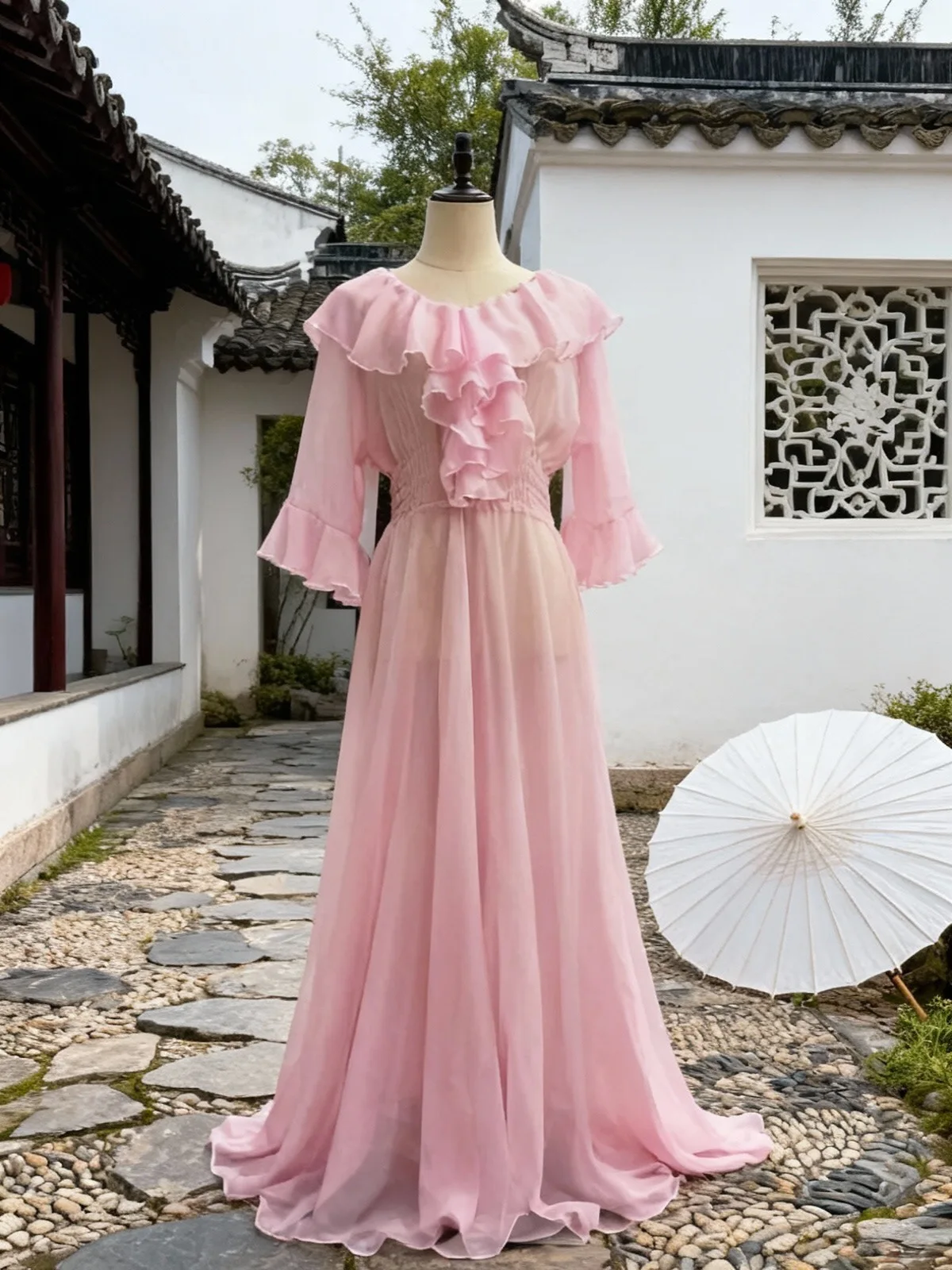 

New Winged Sensual Sp Dr Smooth Breathable ex Roman Sexy Sle Cake Princ Gown U-Ne Long Sve Midi Dr