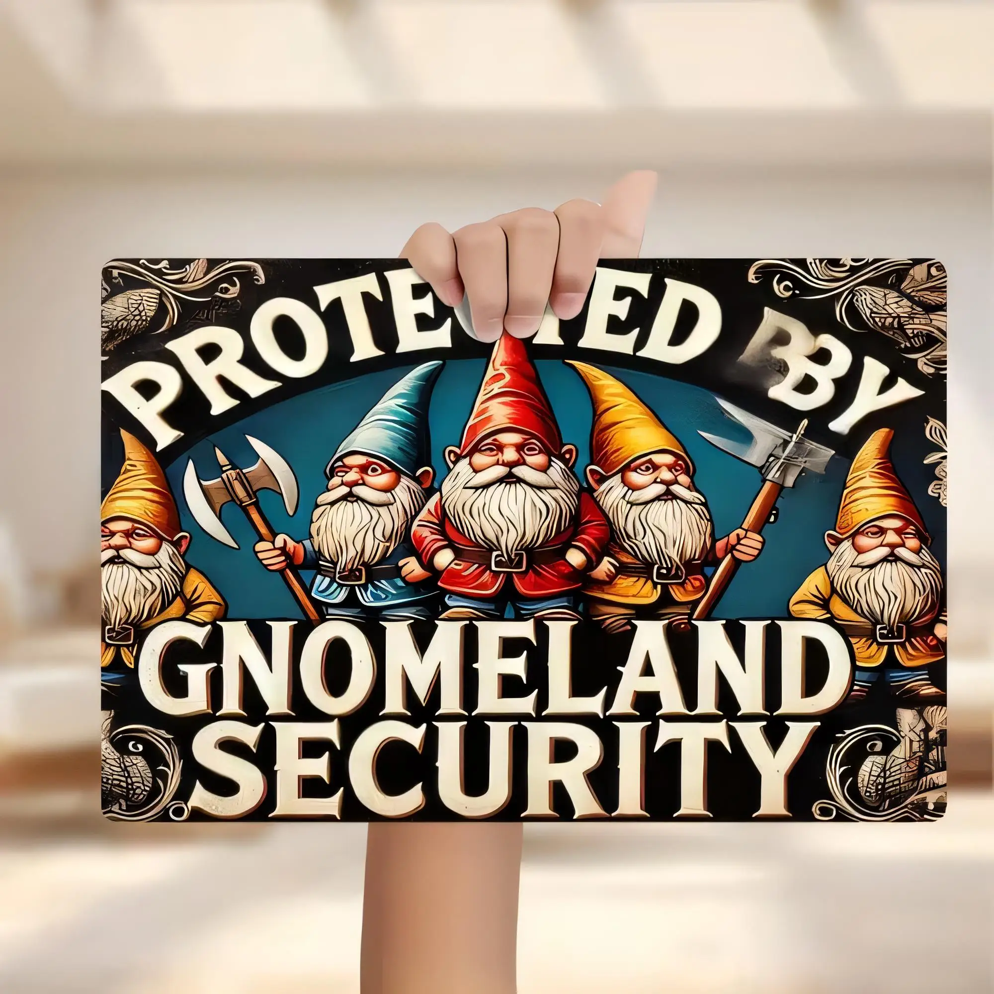 Tin Sign, Protected By Gnome Land Security Funny Gnome Garden Metal Wall Art Decor, Vintage Retro Rustic Plaque for Home Bar Pub