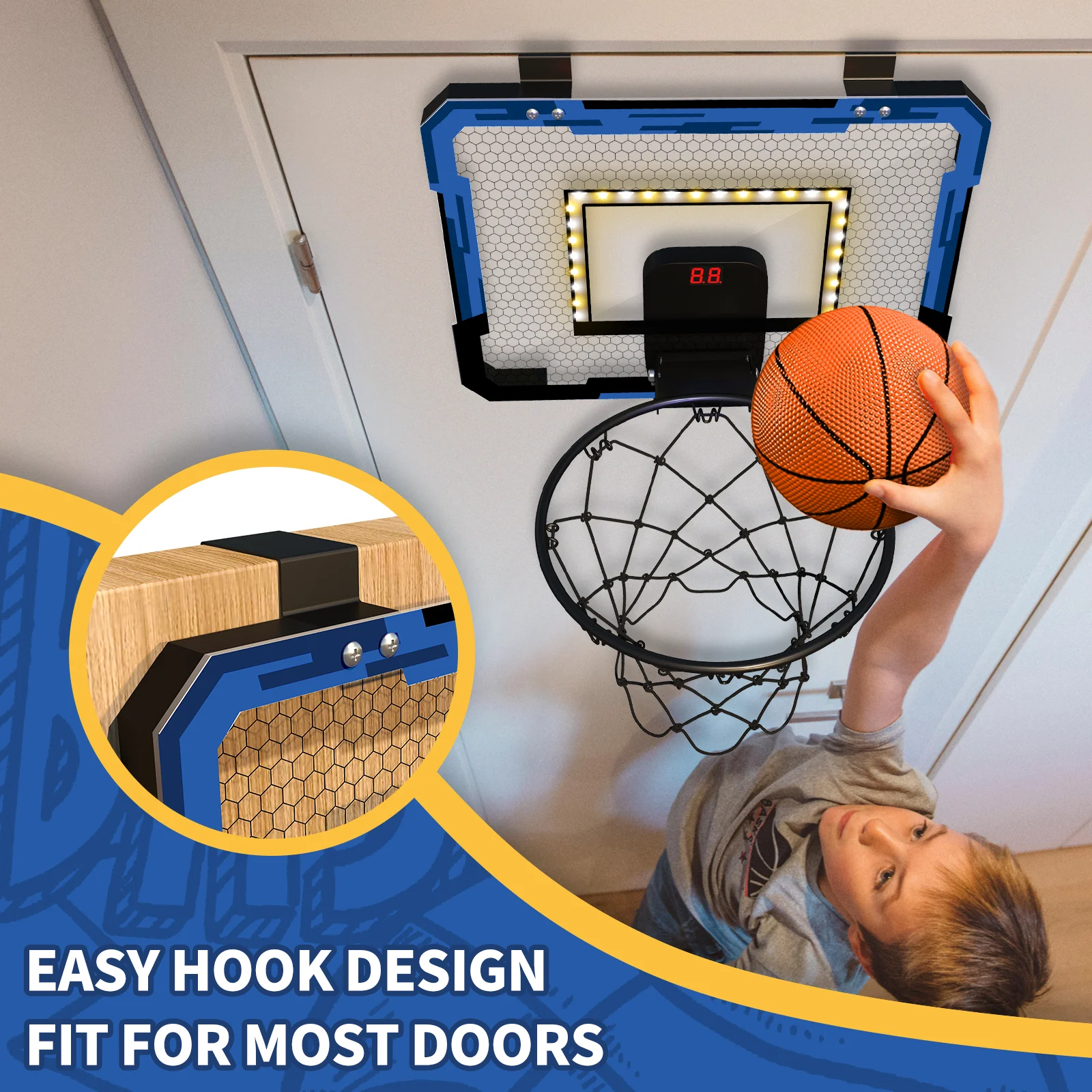 QDRAGON Indoor Basketball Hoop for Kids Door Room Basketball Hoop With LED Lights Basketball Toys for 3 4 5+Year Old Boys Girls