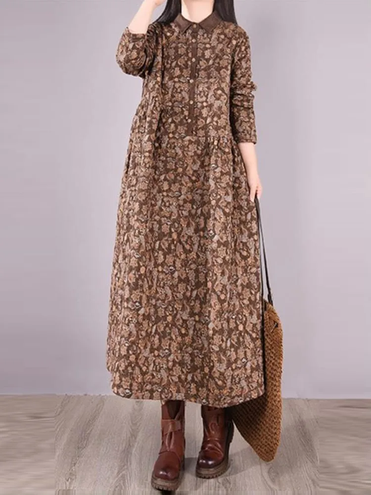 Women Casual Dress New 2022 Autumn Vintage Style Turn-down Collar Print Loose Comfortable Female A-line Long Dresses D461