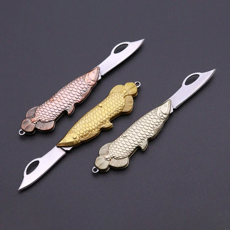 Brass Golden Dragon Fish Shaped Handle Mini Folding Blade Mini Knife Sharp Portable Outdoor Camping Knife Open Express Keychain