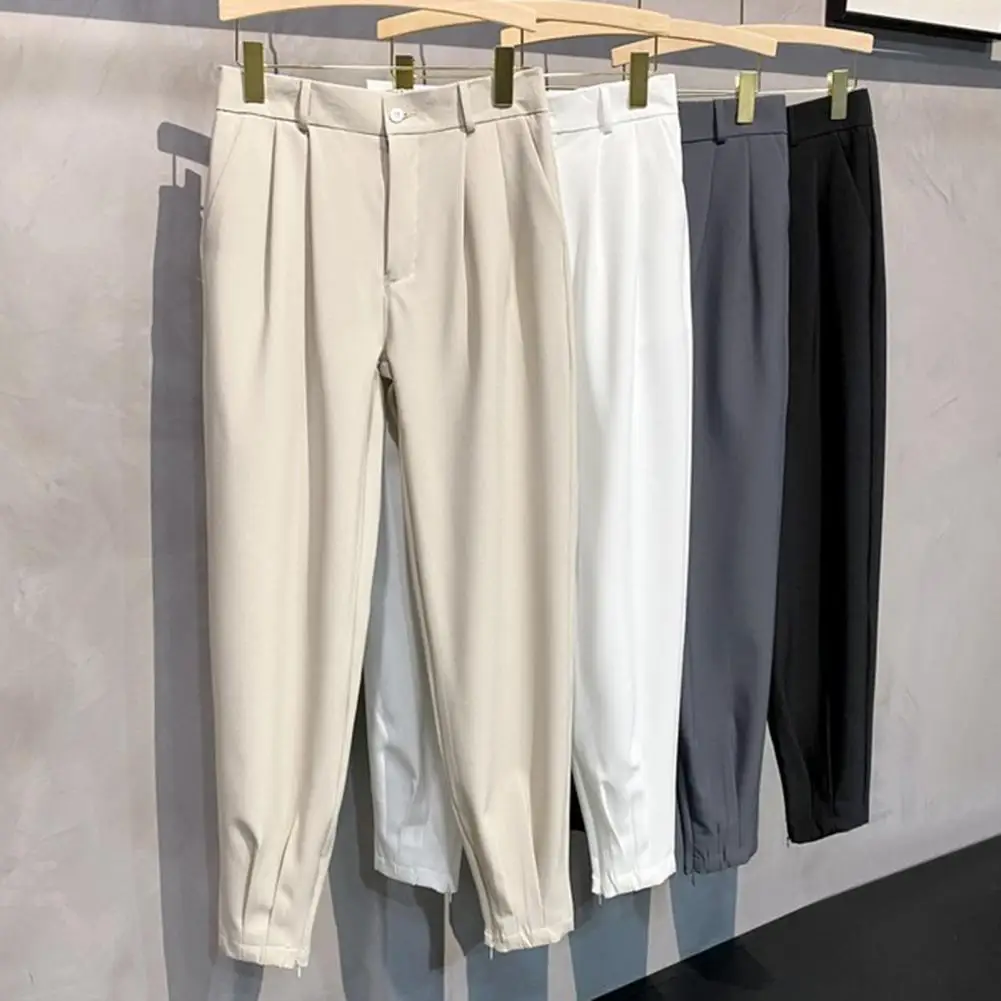 Pantalones informales para hombre, Pantalón de traje coreano de Color sólido, pantalones delgados con bolsillos laterales de tiro medio, pantalones