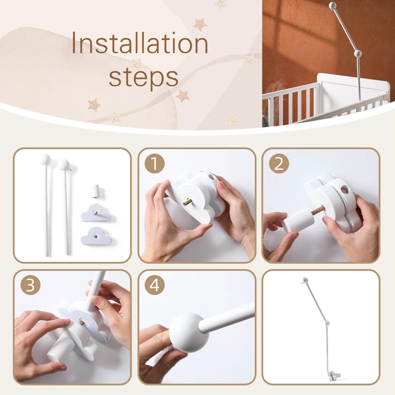Baby Wooden Cloud Bed Bell Rattle Holder Bracket Mobile Hanging Rattle Toys Arm Bracket for 0-12 Months Newborn Crib Decoration