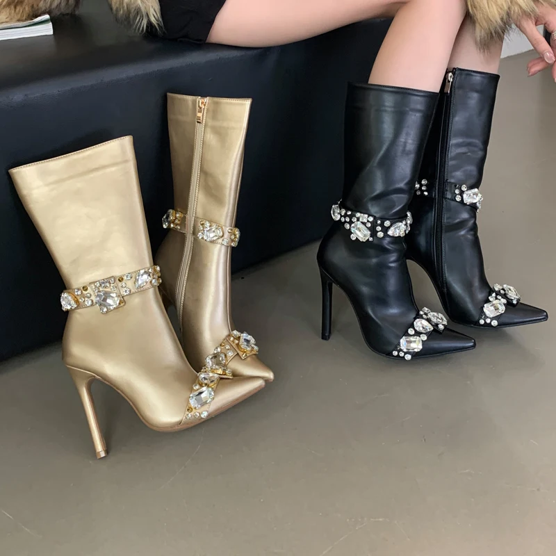 Autumn Winter Zip Leather Women Ankle Boots Crystal Diamond Pointed Toe Stiletto Party Prom Shoes Ladies Booties