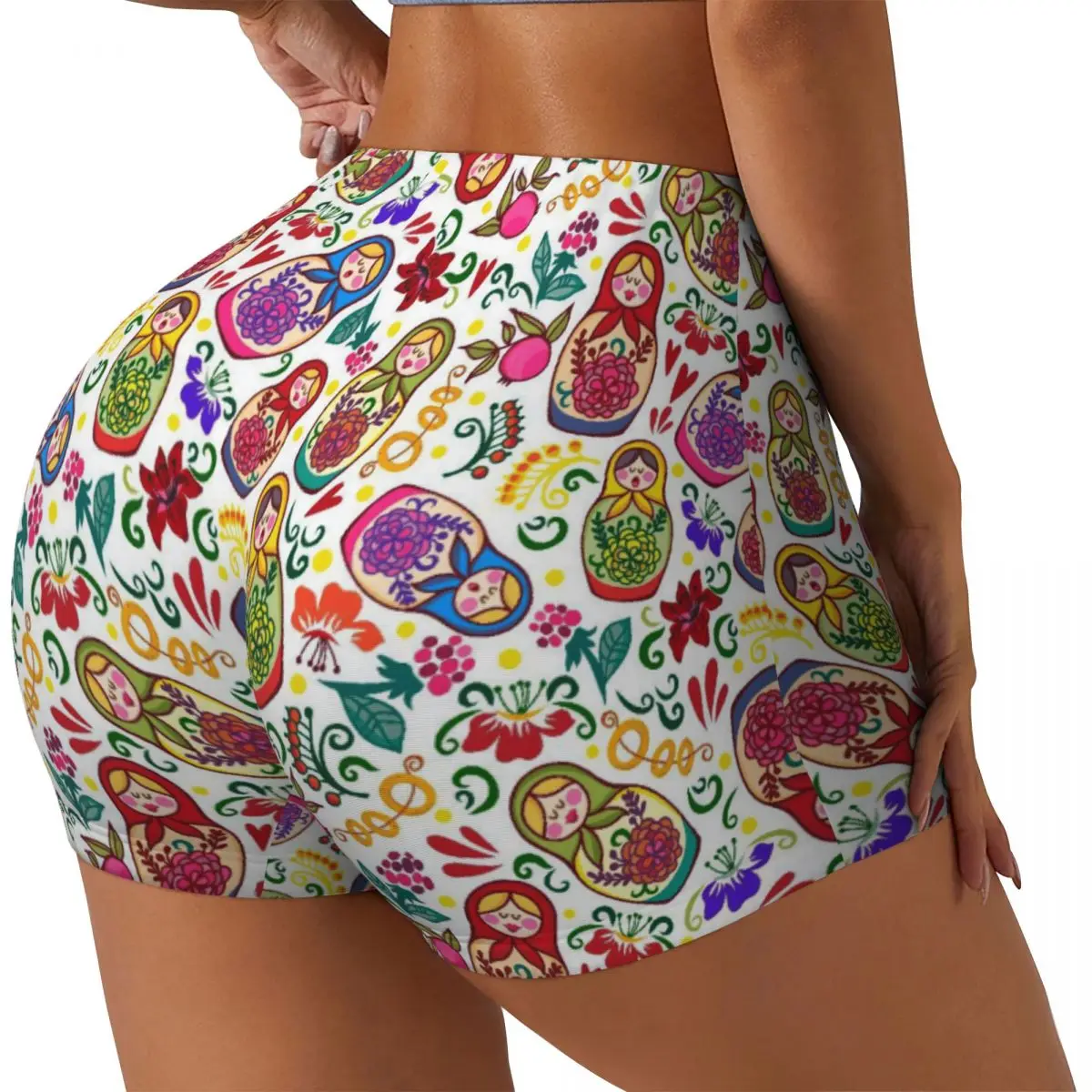 Flowers Matryoshka Doll-Print Women Athletic Stretch Shorts Workout Shorts Butt Lifting Spandex Yoga Perfect for Lazy Lounging