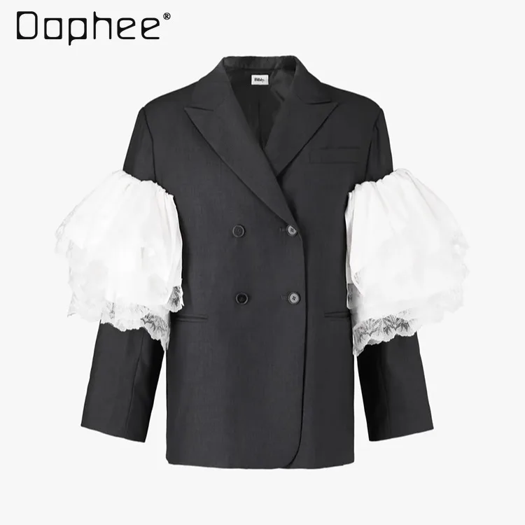 Fashion Pleated Lotus Leaf Splicing Long-sleeved Loose Double-breasted Lapel Blazers Japanese Commuter Style Mid-length Blazers