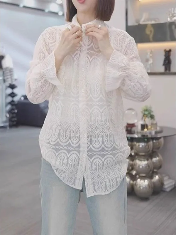 

Elegant Lace Floral Embroidery Stand Collar Loose Fit Women's Shirt Transparent Design Spring New Style plus Size Fashion Top