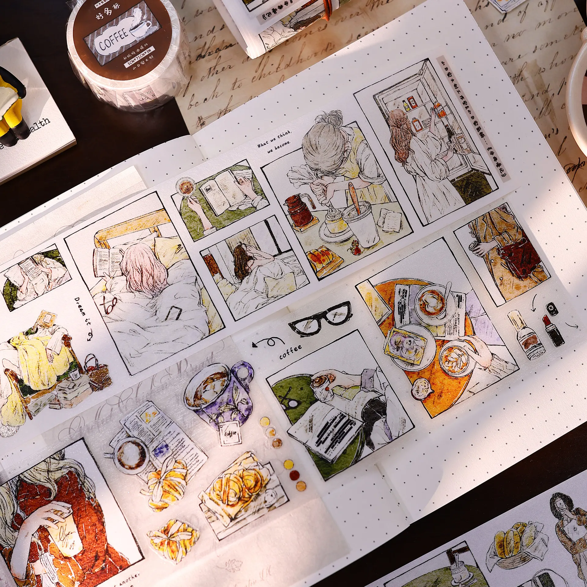 Comic Style Daily Life Washi Tape, Grid Manga Pattern, Washi Paper and PET Die-Cut, DIY Journaling Scrapbooking Sticker
