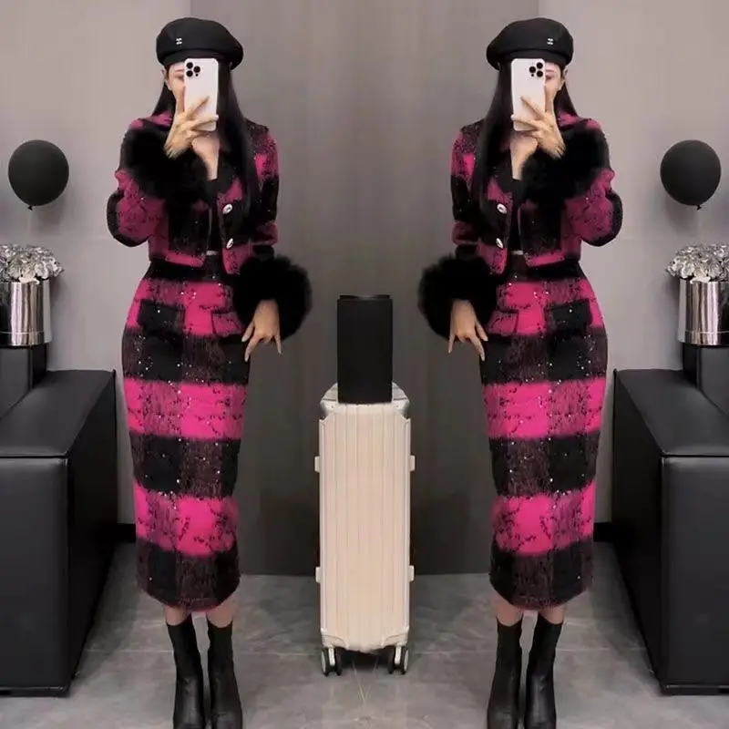 

Plaid Splicing Dress and Skirt Set, Comfortable Coat, Slim Fit, Commuting, Fashion Temperament, Autumn and Winter, 2-Piece Set