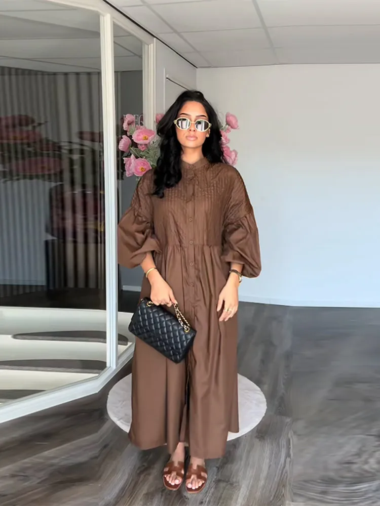 Elegantจีบชุดยาวผู้หญิงOversizeโคมไฟเดี่ยวBreasted O-คอชุดลําลองฤดูร้อน 2025 New Street Robe