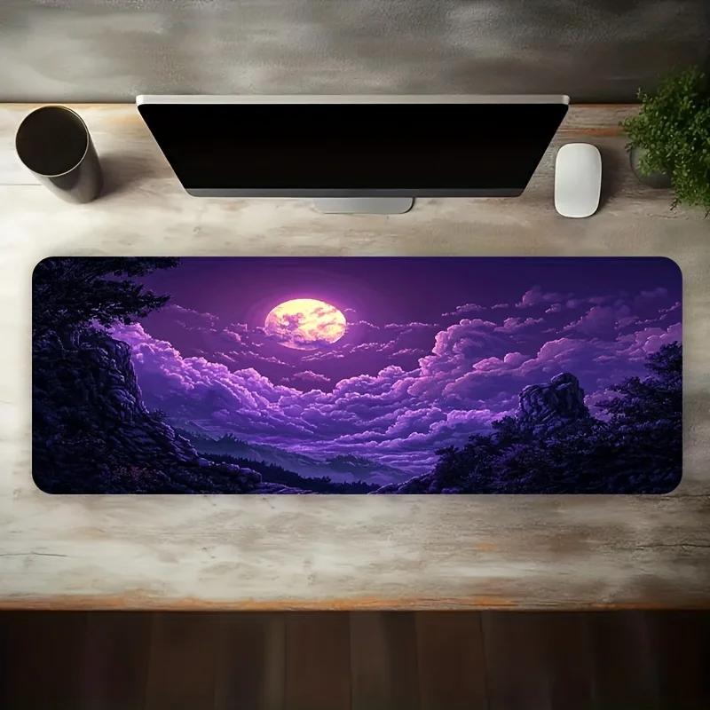 CIFBUY Large Gaming Mouse Pad Pixel Purple Moon Cloud Sea Non-slip Washable Rubber Base Oversized Desk Mat Office Computer Decor