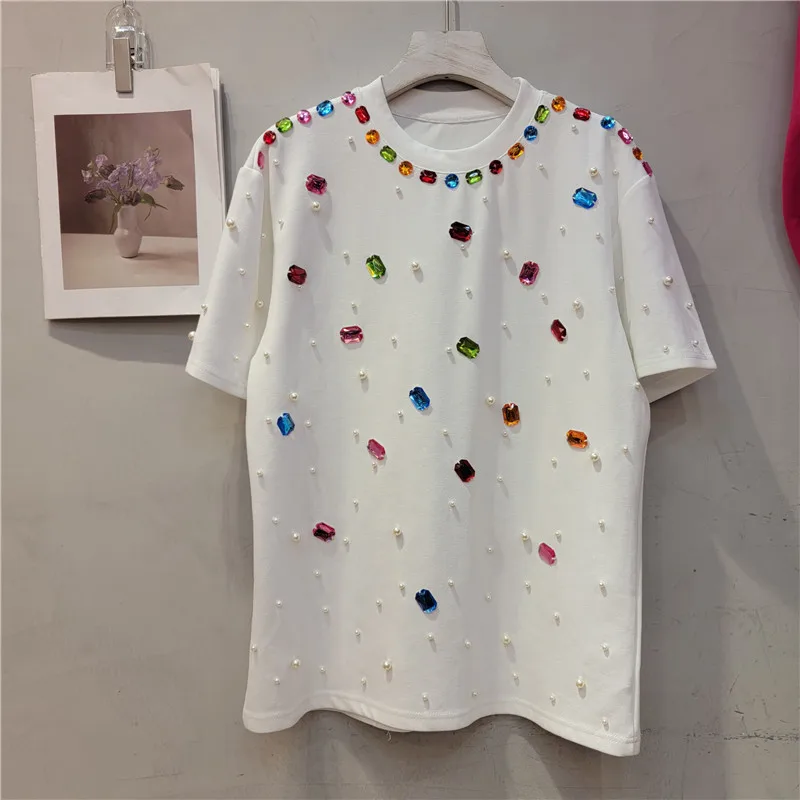 2024 Summer European Goods New Heavy Diamond Hand Beaded Loose Figure Flattering Round-Neck Short Sleeve T-shirt Female Tops