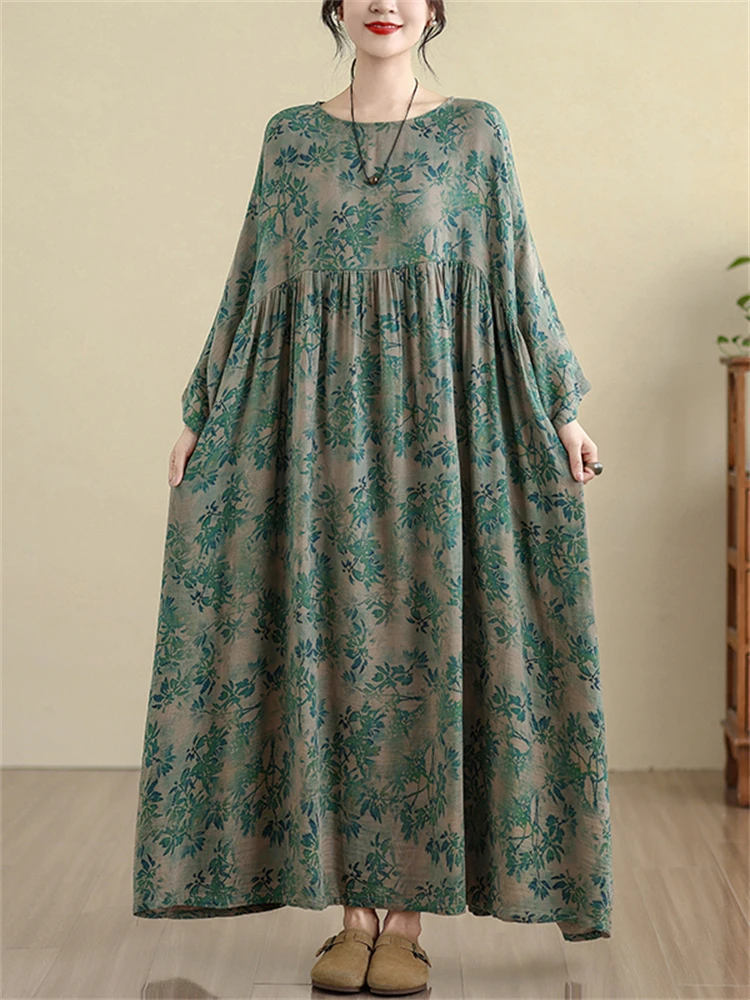 Oversize 코튼 빈티지 캐주얼 루즈 그린 프린트 꽃 드레스 여성용 긴 소매 드레스 Femme Robe Vestidos 우아한 의류