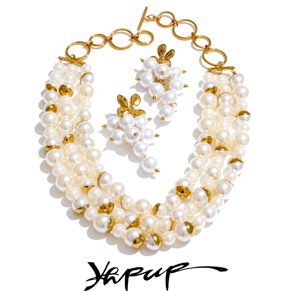 Yhpup Arrivals Handmade Jewelry Simulated Pearls Round Beads Chain Layered Necklace Earrings Stainless Steel Flower Chic Jewelry