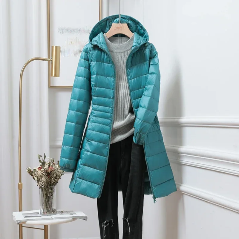 Female Long Warm Down Coat with Portable Storage Bag Women Light Down Jacket Ladies Overcoats Hip-Length High Street Plus size