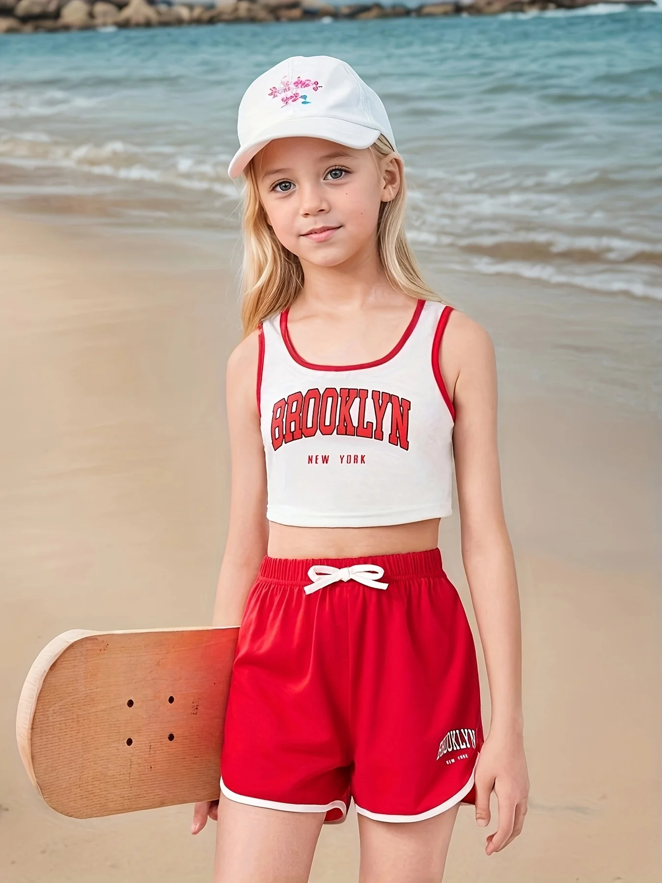 Girl's Summer 7-14Y Square Neck Letter Print Tank Top Red White Dolphin Shorts 2-Piece Set for Beach Daily School Play Sporty