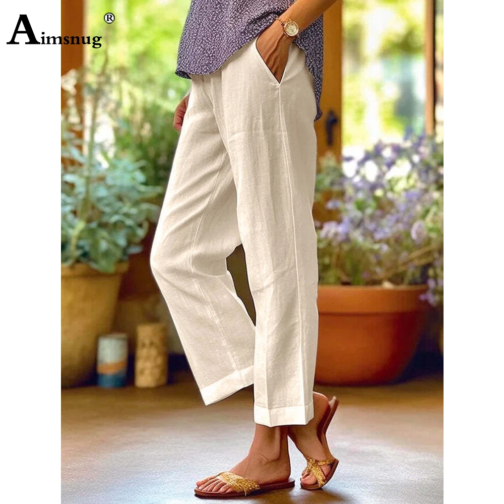 Plus Size 5xl Women High Waist Casual Linen Trousers Female Straight Pants Girls Streetwear 2023 Autumn Solid Basic Pants White