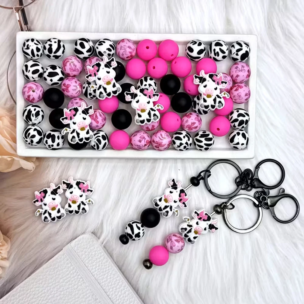 25/44PCS Cow Spot Series Silicone Bead Set, Perfect for DIY Handmade Crafts Such as Keychains, Necklaces, Bracelets, Etc