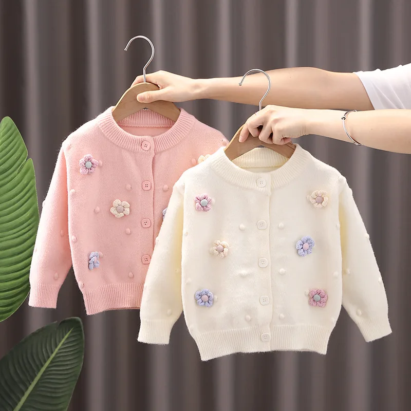 Beautiful Appliques Girls Sweater 2022 Spring Autumn New Korean Style  Long-sleeved Knitted Jacket Baby Flower Cardigan FY09102