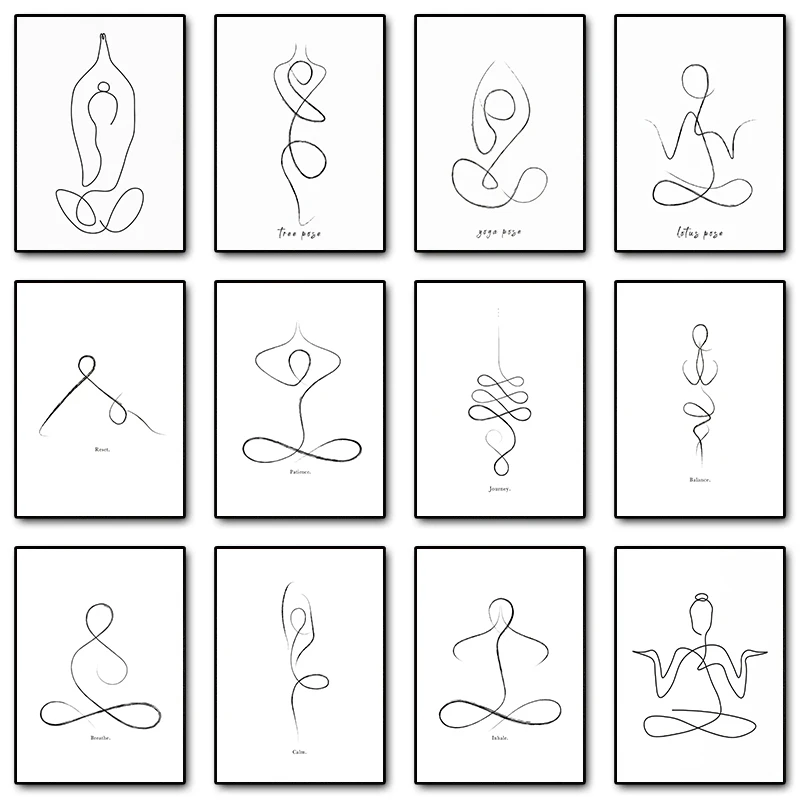 (2D Canvas Painting)  Yoga Pose Line Art Meditation Poster Yoga Symbol Breathe Canvas Printing Minimalist Modern Wall Art Pic