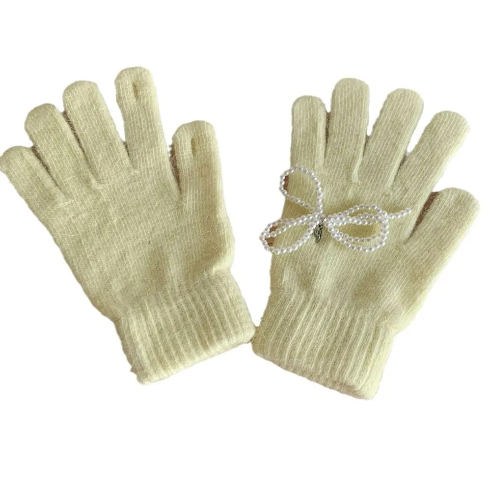 

Lovely Touch Screen Pearl Bow Knitted Gloves Bowknot Solid Color Winter Velvet Gloves Windproof Warm Women Mittens Student