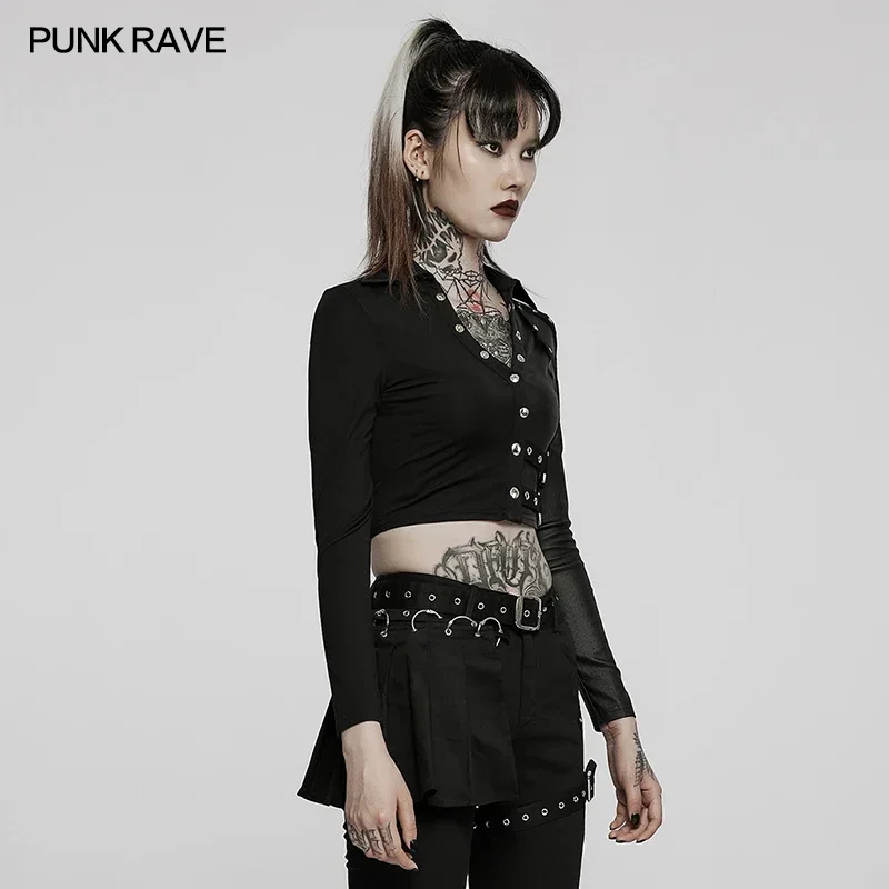 PUNK RAVE Women's Punk Style Double Personalized Splicing Pullover T-shirt  Tight Fitting Sexy Fashion Black Tops Women Clothing