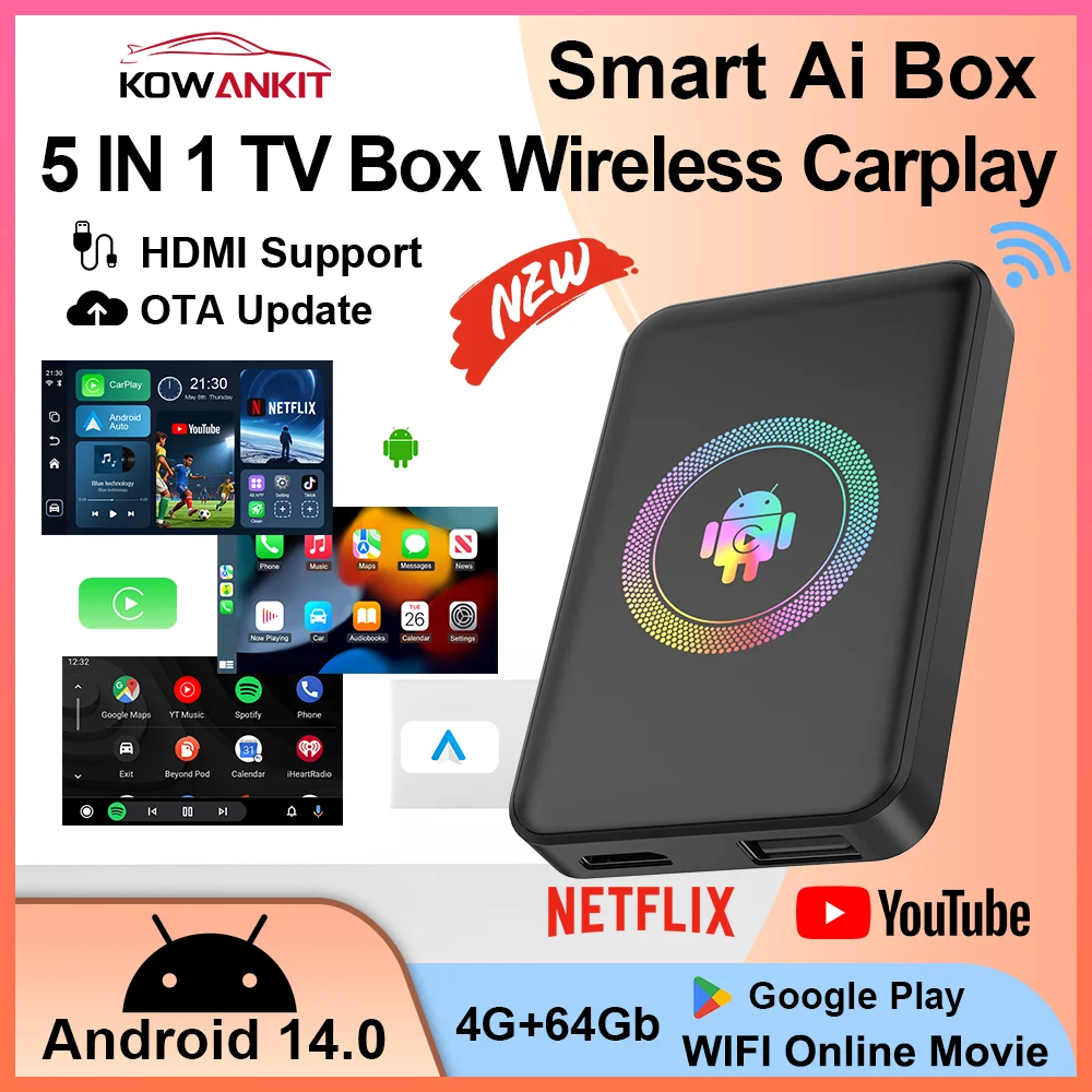 

Kowankit 4+64G Android 14 Wireless CarPlay Ai Box Smart 5 in 1 HDMI Plug & Play Android Auto Car Tv Box For YouTube Netflix 2026