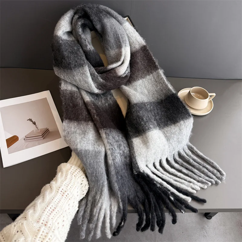 Warmer Dicker Winterschal für Damen, Mohair, Kariert, Weicher Quastenschal, Pashmina, Großer Halsdecken-Schal – Detail 37