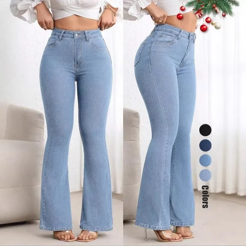 Women's High Waist Slim Fit Flare Leg Long Cotton Stretch Denim Jeans with Pocket Wrinkle Free Women Solid Color Mid Rise