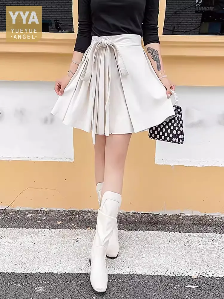 New Fashion Women High Waist Lace Up Pleated Skirt Soft Sheepskin Genuine Leather Mini Skirt Vintage Lady Slim Fit Spring Skirts