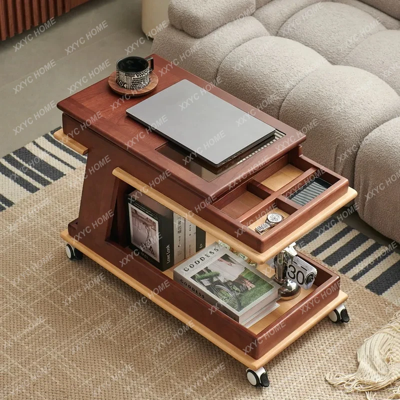 Medieval style solid wood trolley sofa side table rotating coffee table table