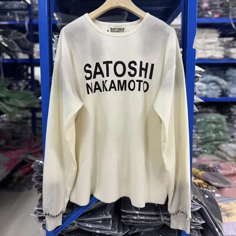 2026 New SATOSHI NAKAMOTO Unisex Long Sleeve T‑Shirt Letter Print Rhinestone Rivet Cuff Loose Street Top