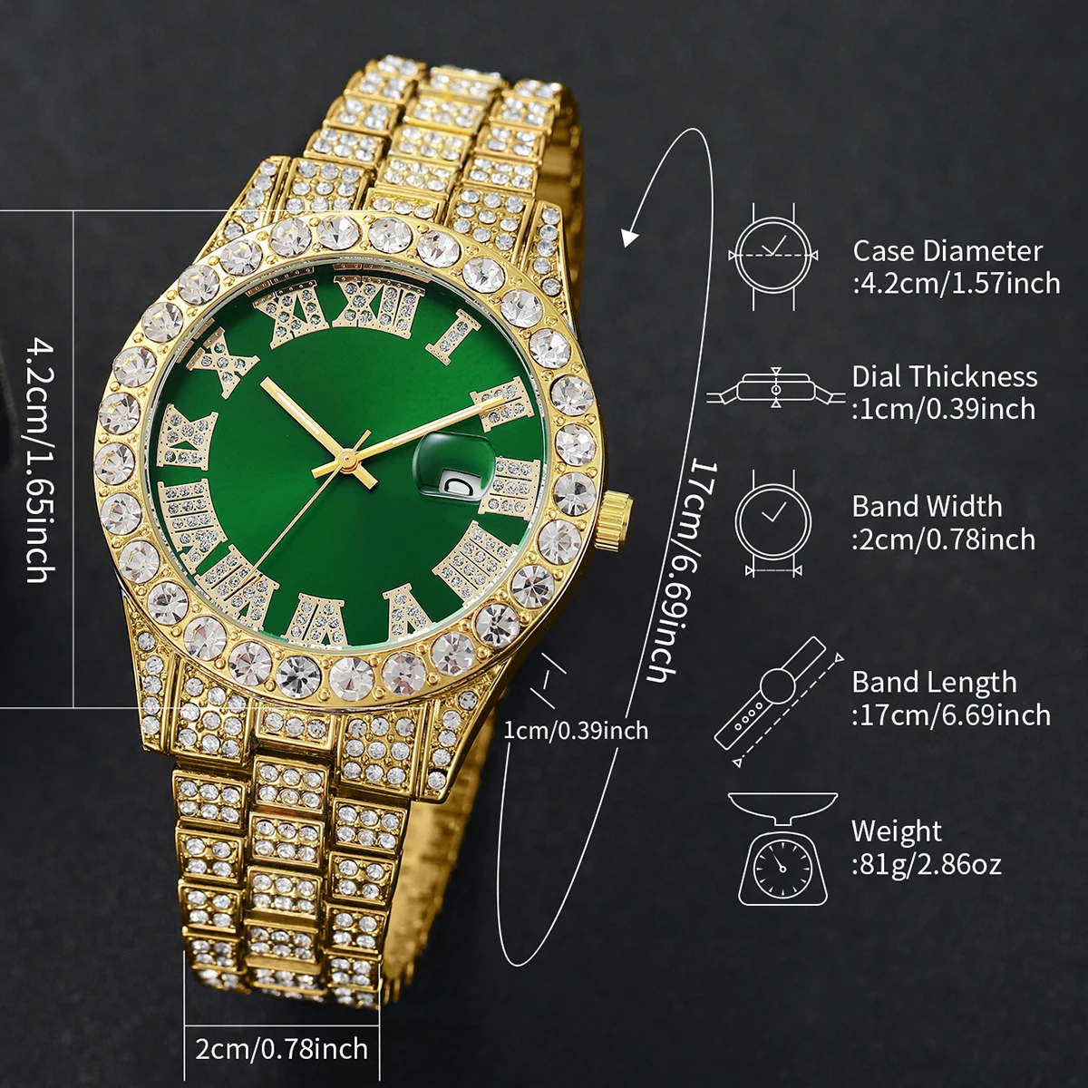 2PCS/Set Fashion Diamond Men Watch Roma Green Dial Steel Band Quartz Watches Rhinestone Bracelets Set