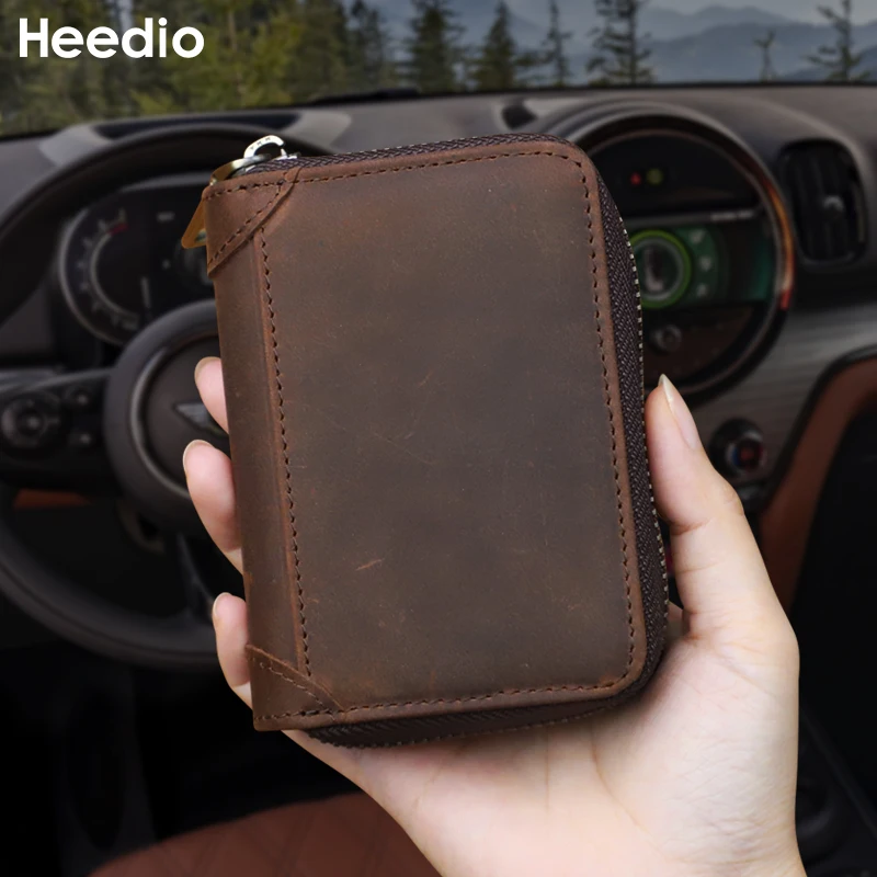 NFC Blocked Credit Card Holder Bag For Men Women Vintage Handmade Genuine Leather Short Card Wallet with Zipper Money Bag